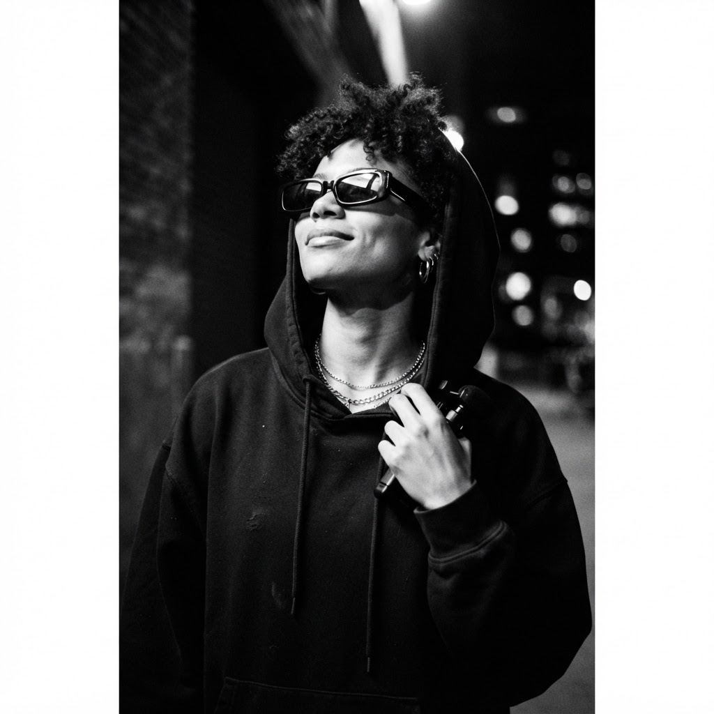Black and white portrait of a stylish content creator wearing sunglasses